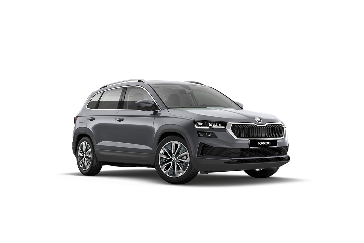 Bild von einnem grauen Skoda Karoq von vorne